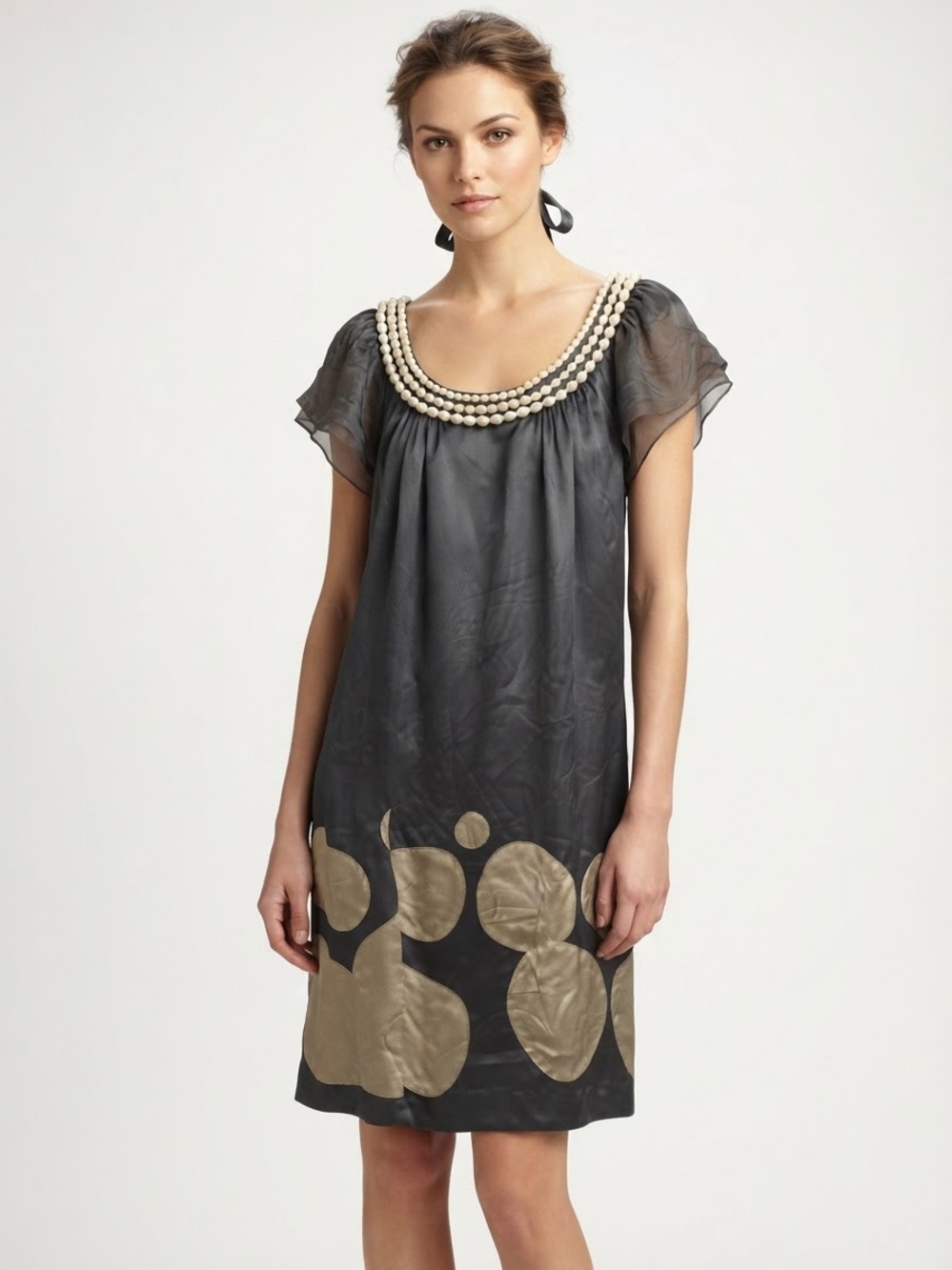 ECI Charcoal Gray Mini Dress with Gold Circular Appliqué